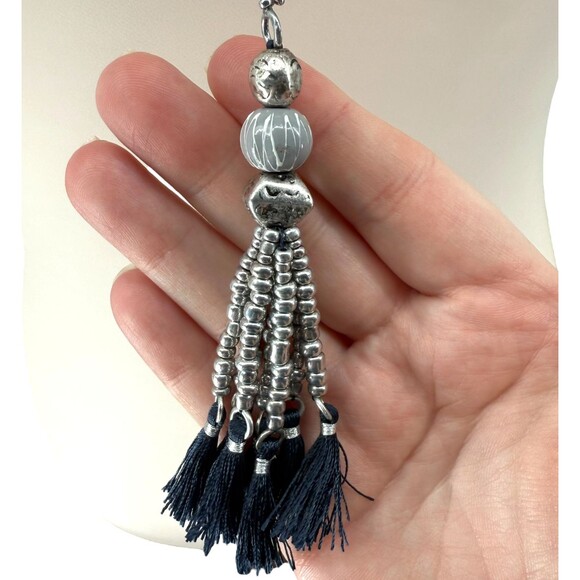 J. Jill Charm Tassel Necklace Long Silver Tone Beaded Blue Pendant 32” Boho NWT - Picture 10 of 13
